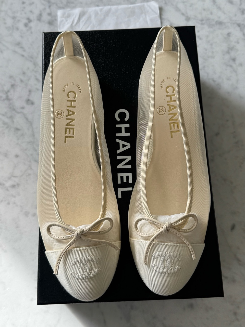 CHANEL 2026 white mesh Ballerina flats